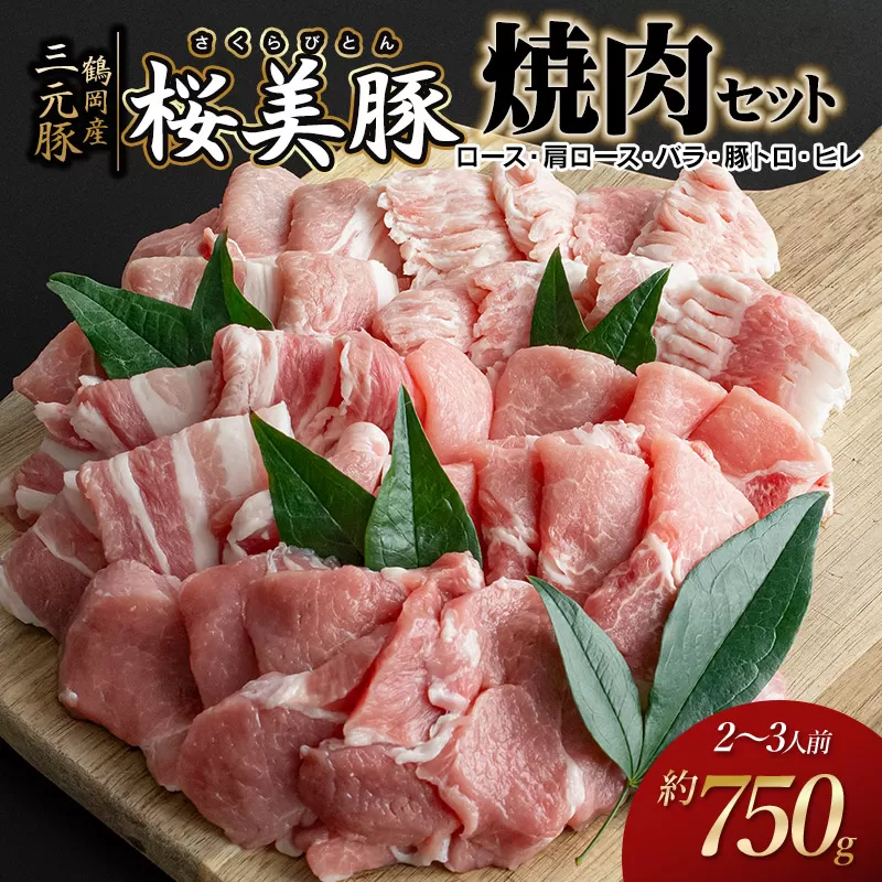 鶴岡産三元豚「桜美豚」焼肉用セット（ロース・肩ロース・バラ・豚トロ・ヒレ）約750g（2～3人前）　K-736　豚肉　長南牛肉店