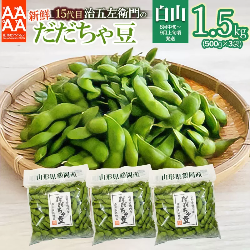 【令和7年産先行予約】 山形セレクション認定！15代目「治五左衛門」の新鮮だだちゃ豆（白山だだちゃ豆） 1.5kg（500g×3袋）8月中～9月上旬