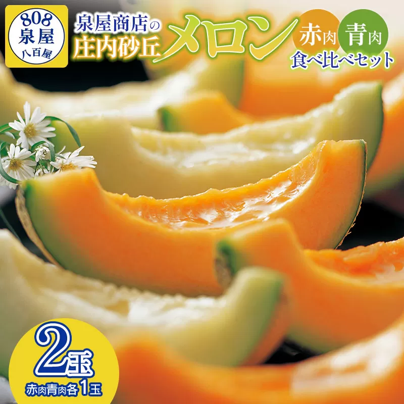 【令和8年産先行予約】泉屋商店の庄内砂丘メロン 赤肉・青肉 食べ比べセット 2玉入　K-822