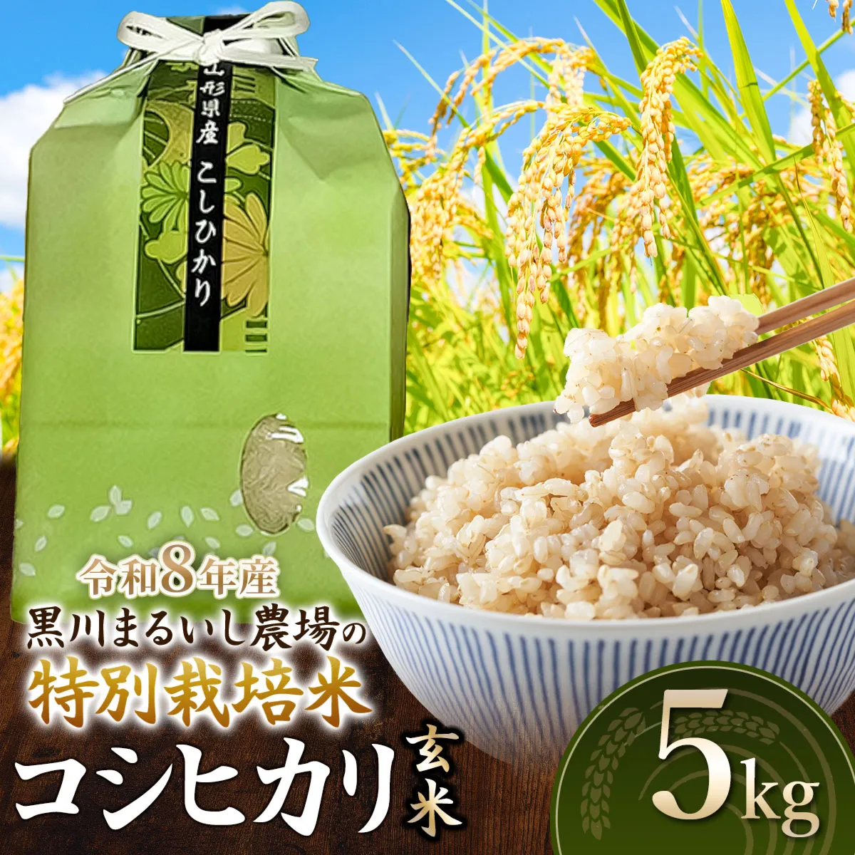 【令和8年産】 黒川まるいし農場の特別栽培米 コシヒカリ 玄米 5kg　山形県鶴岡市産　K-834　| こしひかり 米どころ 庄内米 ブランド米 米 コメ こめ 精米 ご飯 ごはん 美味しい お取り寄せ 農家直送 東北 国産 おすすめ 人気 返礼品 2026年産