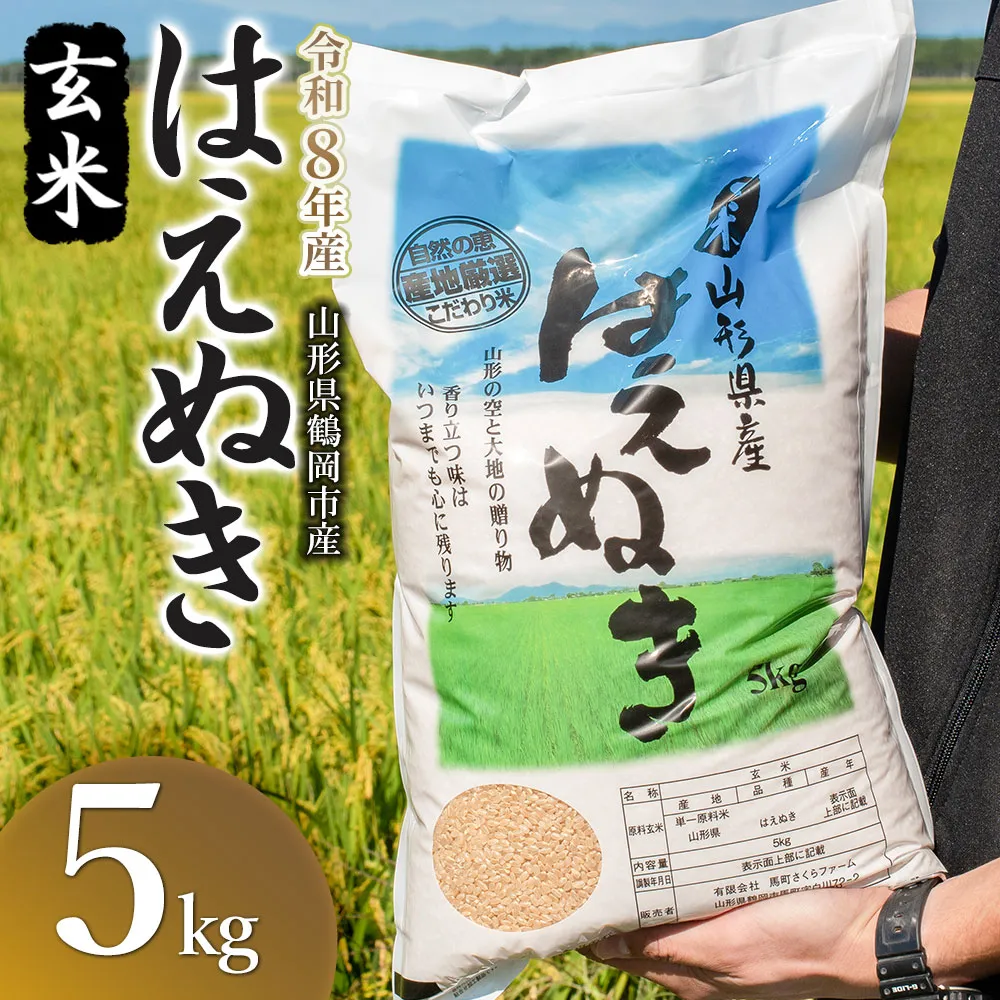 【令和8年産 新米】馬町さくらファームのはえぬき 玄米 5kg（5kg×1袋）　山形県鶴岡市 K-826 | 米 お米 コメ こめ 5キロ ご飯 ごはん ブランド米 米どころ 庄内米 国産 美味しい おいしい お取り寄せ 農家直送 お弁当 おにぎり おすすめ 人気 返礼品