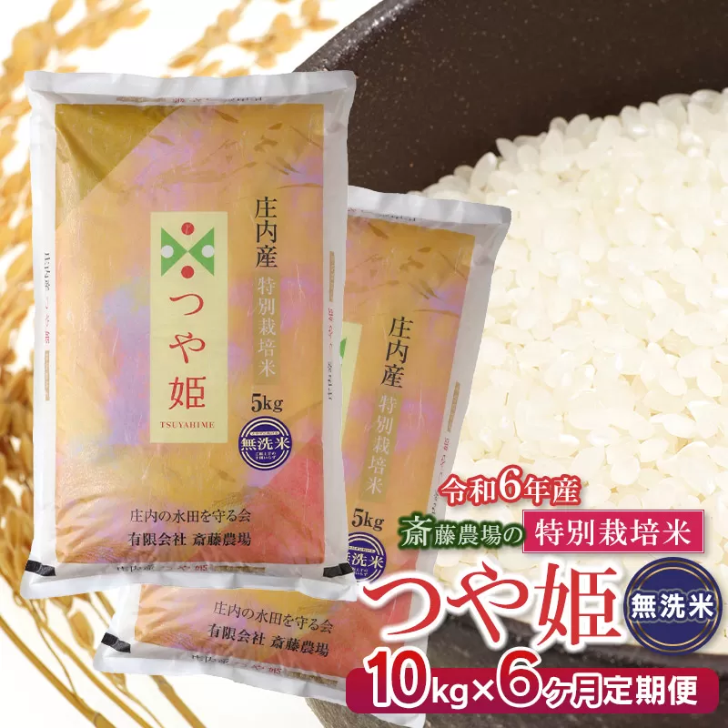 【定期便6ヶ月】【令和6年産】 斎藤農場の特別栽培米 つや姫 【無洗米】 10kg （5kg×2袋） ×6ヶ月　K-648