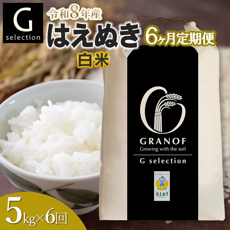 【令和8年産先行予約】【定期便6ヶ月】 Gセレクション はえぬき【白米】 5kg×6ヶ月 山形県鶴岡市産　株式会社グラノフ