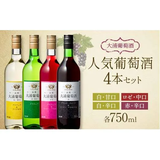 大浦葡萄酒 人気葡萄酒 750ml×4本セット 『(有)大浦葡萄酒』 赤ワイン 白ワイン ロゼ 甘口 辛口 中口 酒 山形県 南陽市 [1894]