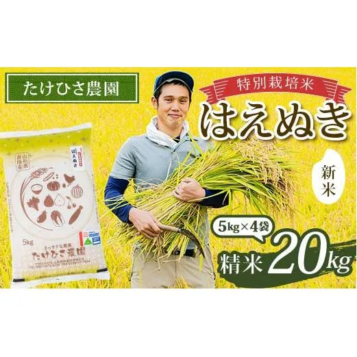 【令和7年産 新米 先行予約】 特別栽培米 はえぬき (精米) 20kg (5kg×4袋) 《令和7年9月下旬～発送》 『たけひさ農園』 山形南陽産 米 白米 山形県 南陽市 [2374-R7]