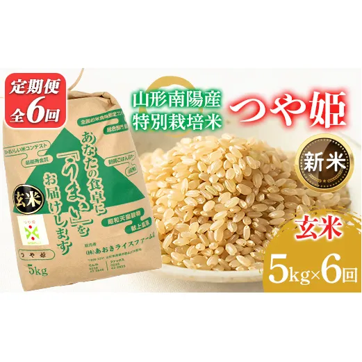【令和8年産 新米 先行予約】 【金賞受賞農家】 《定期便6回》 特別栽培米 つや姫（玄米）5kg×6か月 《令和8年9月下旬～発送》 『あおきライスファーム』 山形南陽産 米 玄米 ご飯 農家直送 山形県 南陽市 [2629-R8]