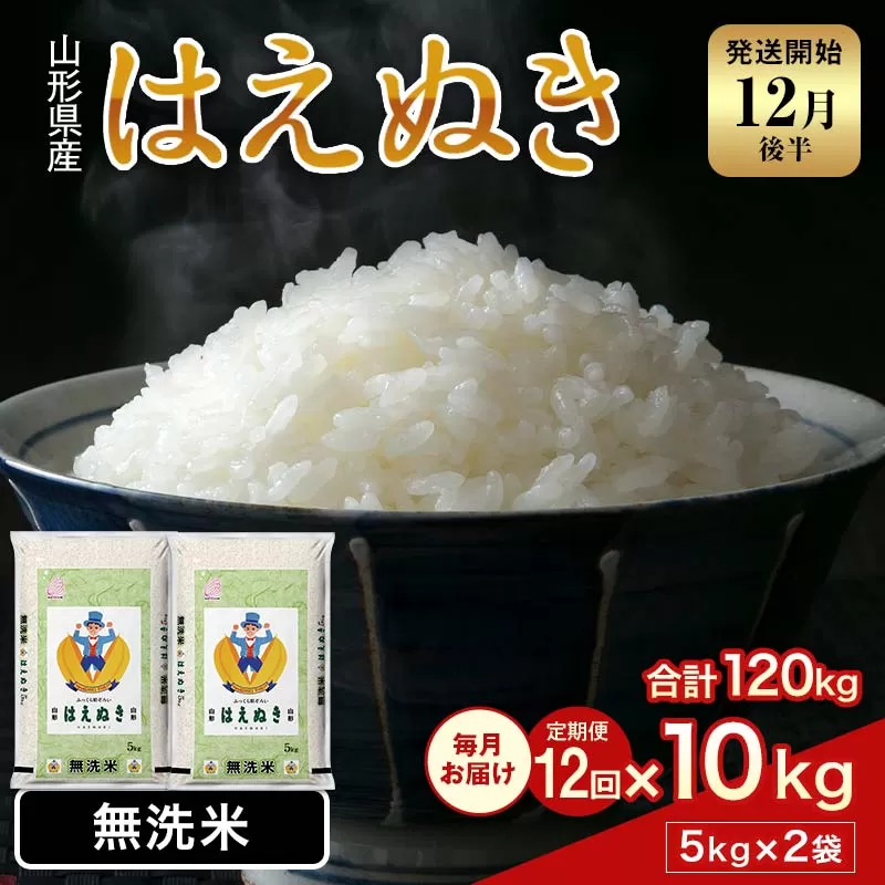 FYN2-030 【12回定期便・12月後半発送】令和7年産 新米 山形県産 はえぬき 10kg 2025年 お米 米 米米 ごはん ご飯 白米 国産 ブランド米 節水 時短 冷めてもおいしい贈答 ギフト 家庭用 自宅用 お取り寄せ 食品 山形県 西川町 月山