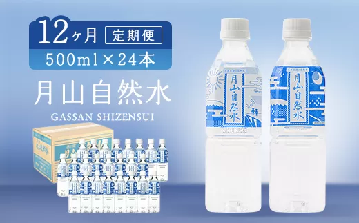 FYN9-014 【定期便】月山自然水500ml×24本×12ヶ月コース 天然水 国産 備蓄 防災 保存 ペットボトル ナチュラル 山形県 西川町