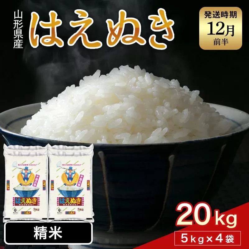 FYN1-230 【12月発送】 令和7年産 新米 山形県産 はえぬき 20kg 2025年 お米 米 米米 ごはん ご飯 白米 国産 ブランド米 節水 時短 冷めてもおいしい お取り寄せ 食品 山形県 西川町 月山