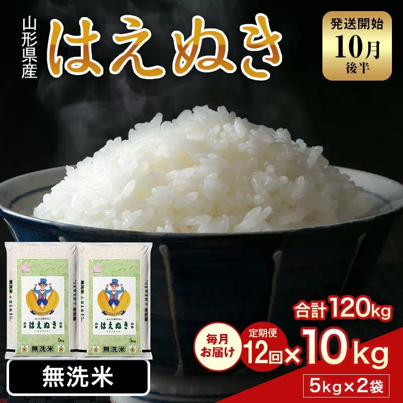 FYN2-026 【12回定期便・10月後半発送】令和7年産 新米 山形県産 はえぬき 10kg 2025年 お米 米 米米 ごはん ご飯 白米 国産 ブランド米 節水 時短 冷めてもおいしい贈答 ギフト 家庭用 自宅用 お取り寄せ 食品 山形県 西川町 月山