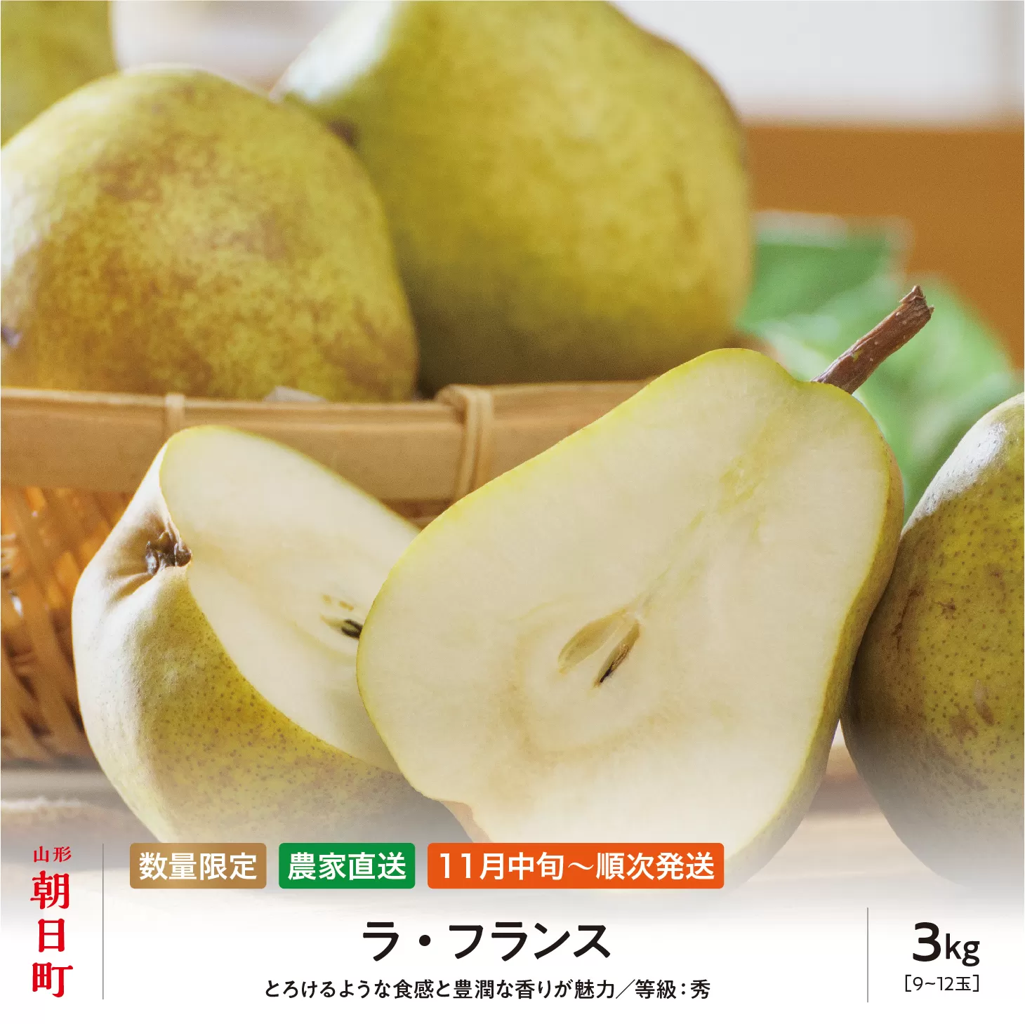 ラ・フランス 洋梨 3kg 9～12玉 秀品 【11月中旬発送】 農家直送 山形県 朝日町産 山形産 山形 特産 産地直送 果物 フルーツ ラフランス 秋
