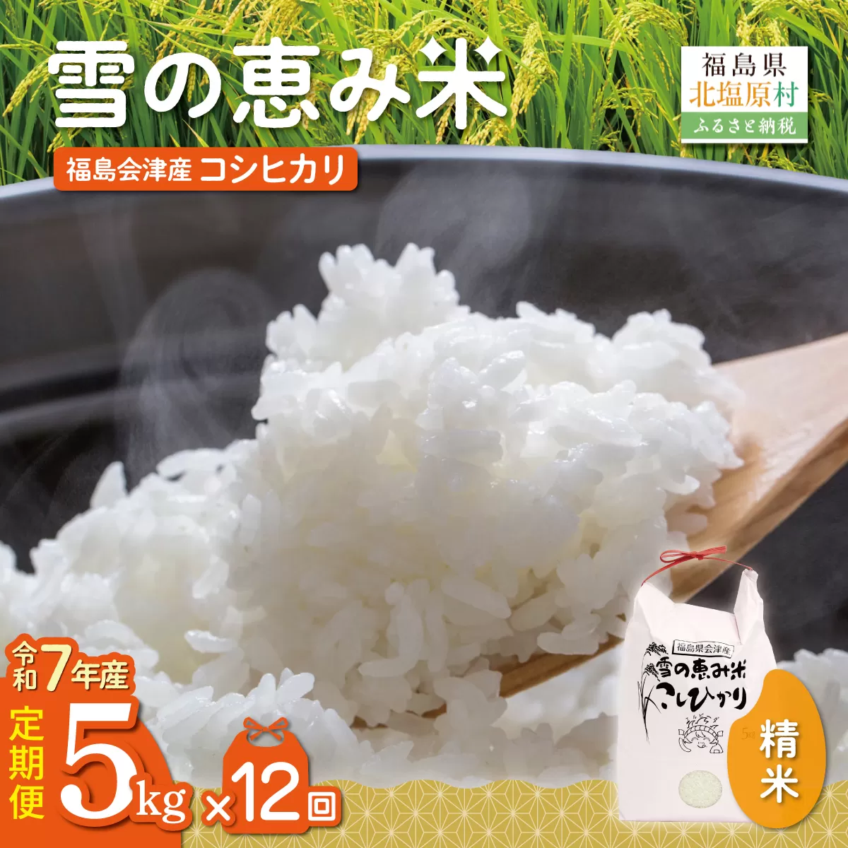 【令和7年産】【12カ月定期便】【福島会津産】雪の恵み米こしひかり5kg×12回 KBAJ008
