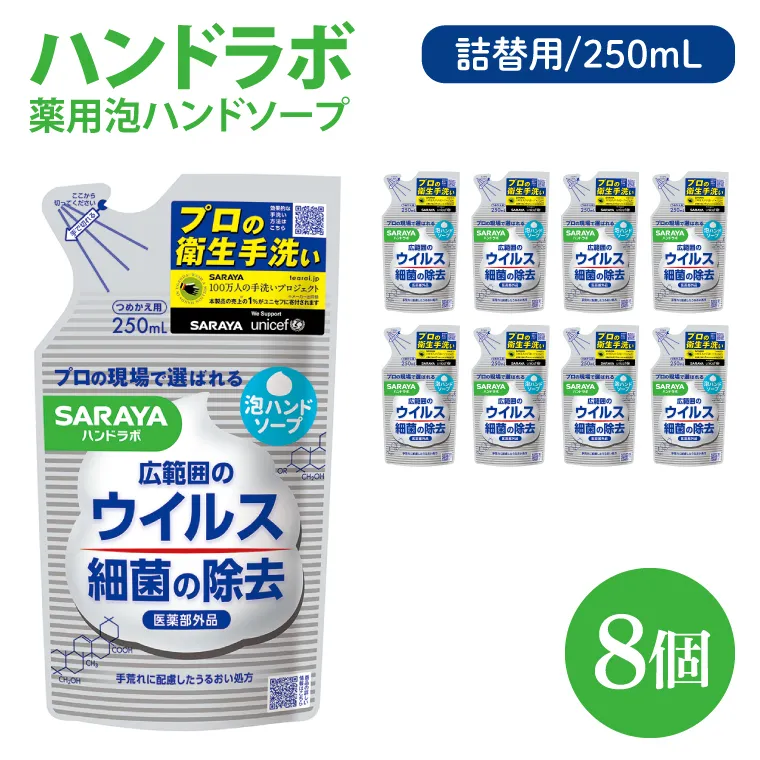 ハンドラボ 薬用泡ハンドソープ 250mL詰替用 8個 【医薬部外品】【手洗い 手あらい てあらい 泡 ハンドソープ 石鹸 せっけん 石けん 清潔 洗浄 殺菌 手指消毒 ストック 詰め替え】(CL139-H8)