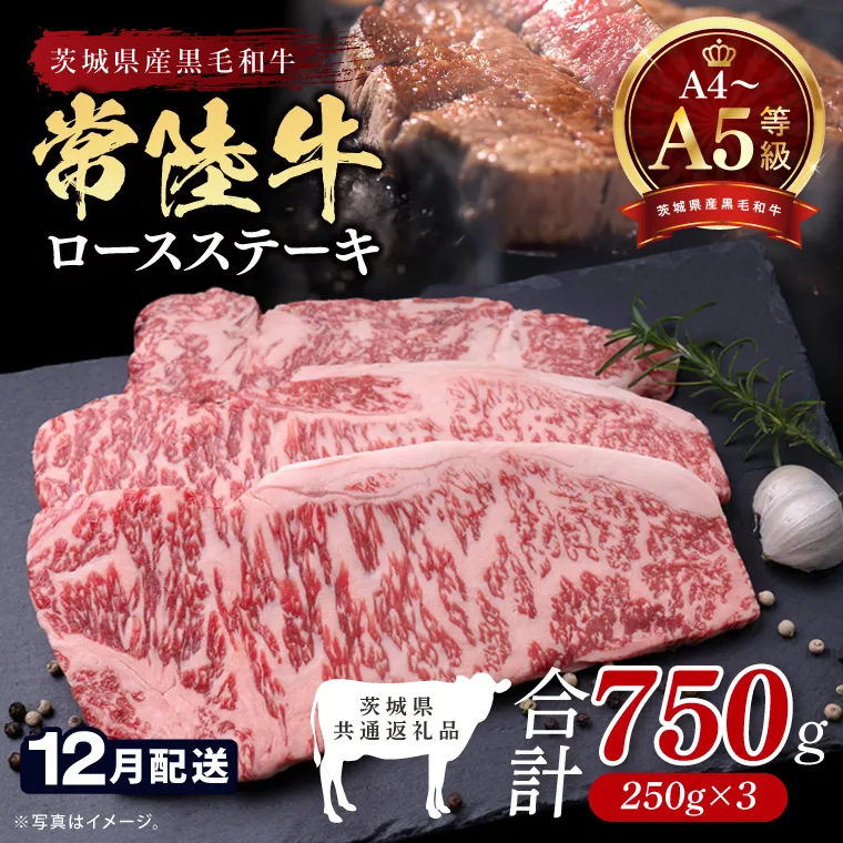 【2026年12月発送予定】最高級A4.A5ランク 常陸牛ロースステーキ750ｇ（250g×3）【人気肉 お肉 牛肉 和牛 黒毛和牛 国産黒毛和牛 ロース肉 ステーキ 国産牛 焼肉 焼き肉 バーベキュー BBQ A5 ブランド牛】(CR102-12)