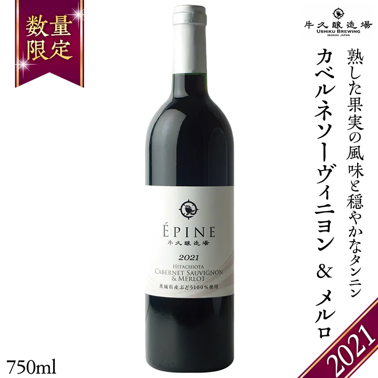 【 数量限定 】エピヌ カベルネソーヴィニヨン ＆ メルロ 2021 茨城県産 牛久醸造場 日本ワイン 赤ワイン 750ml × 1本 やや辛口 ミディアムボディ お酒 贈り物 ドライプルーン
