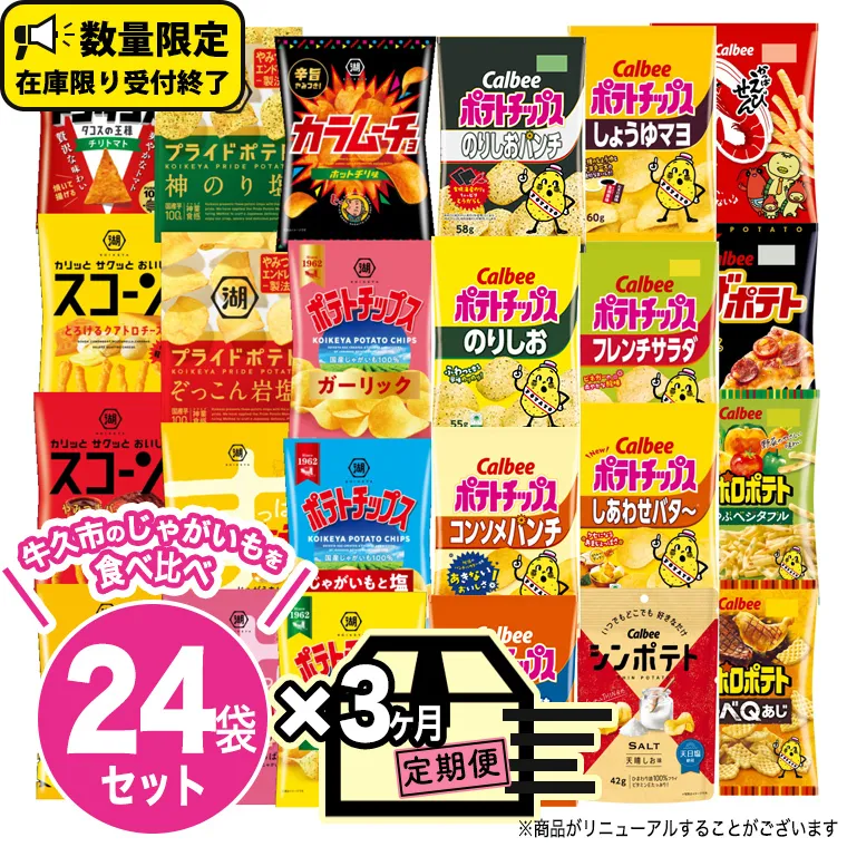 【 3ヶ月 連続 定期便 】 カルビー 湖池屋 人気 24種 詰め合わせ お楽しみ 24袋 スナック菓子 セット カルビー 湖池屋 ポテトチップス ポテチ お菓子 おかし 大量 スナック おつまみ ジャガイモ じゃがいも まとめ買い Calbee ポテト おまかせ 定期便 頒布会 数量限定