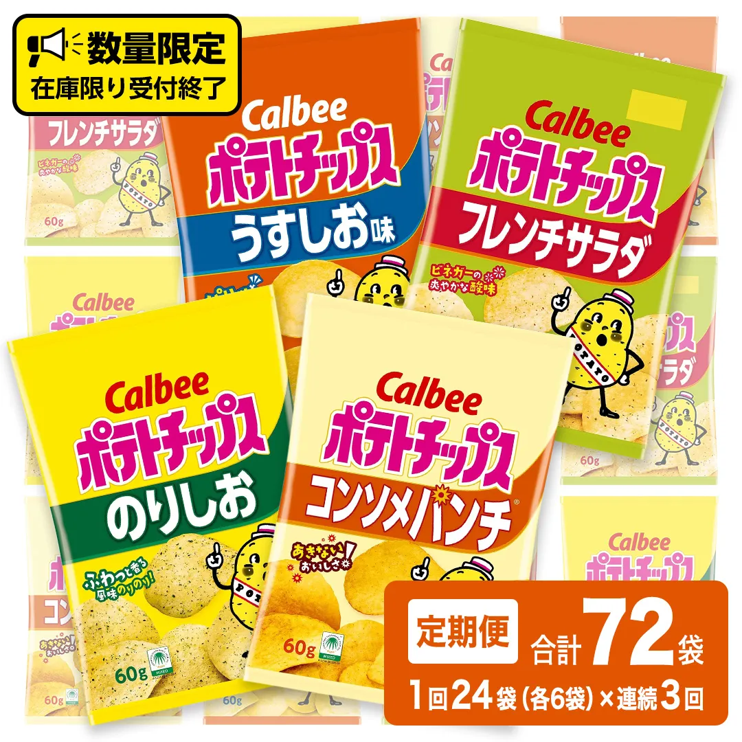 【 3ヶ月 連続 定期便 】カルビー ポテトチップス 60g 4種類 詰め合わせ  24袋 1度のお届けで 計 24 袋 うすしお 6袋 コンソメ 6袋 のりしお 6袋 フレンチサラダ6袋 スナック おつまみ ジャガイモ じゃがいも まとめ買い 定期便 頒布会 数量限定