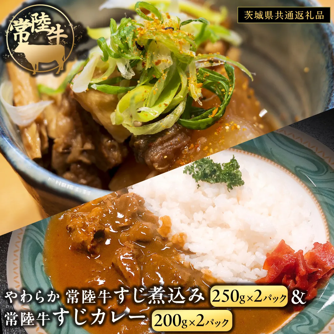 やわらか 常陸牛 すじ煮込み と すじカレー セット 各2パック 【茨城県共通返礼品】 カレー 牛すじ 煮込み お肉 牛肉 簡単 冷凍 レトルト