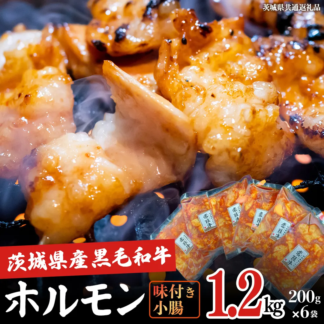 【茨城県産】 黒毛和牛 味付き 小腸 1.2kg （ 200g ×6パック ） (茨城県共通返礼品) 国産 牛肉 肉 お肉 ホルモン もつ 和牛 小腸 ホルモン 味付き 味付ホルモン タレ漬け 焼肉 BBQ 小分け 冷凍 料理 簡単