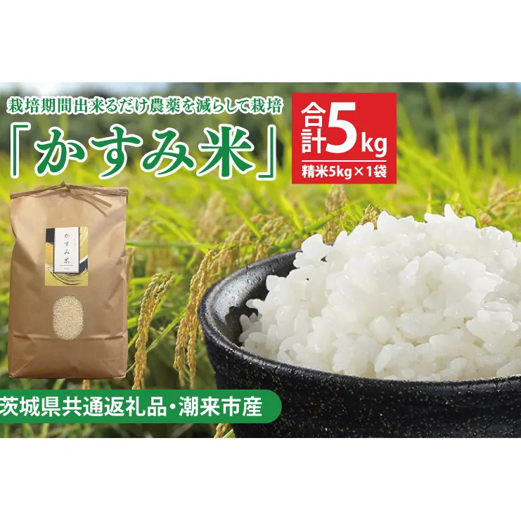 【茨城県共通返礼品・潮来市産】【先行予約】令和7年産新米 栽培期間出来るだけ農薬を減らして作る「かすみ米」（コシヒカリ）精米5kg 【減農薬 こしひかり おいしい おこめ 安心 安全 健康】（KBE-107）