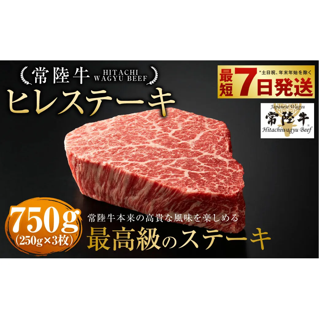 【常陸牛】ヒレステーキ250g×3枚 750g A4ランク以上 お肉 牛肉 ヒレ肉 ヒレ フィレ 希少 冷凍 常陸 和牛 国産 茨城県 ステーキ 守谷市
