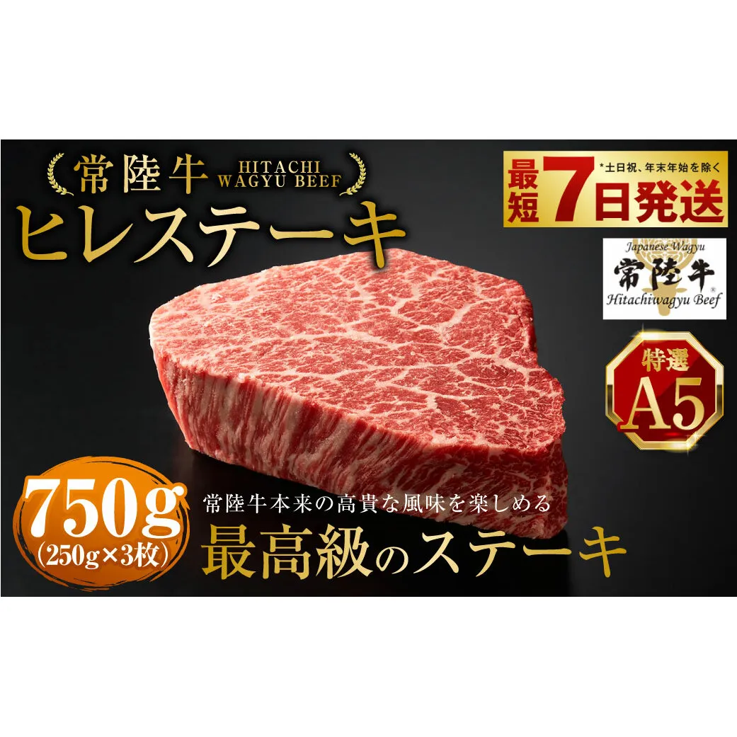 【常陸牛特選A5】ヒレステーキ250g×3枚