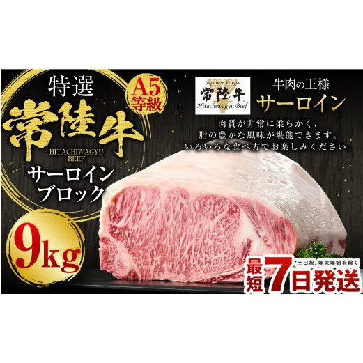 【特選】常陸牛(ひたちぎゅう)A5等級 サーロインブロック 9kg(茨城県共通返礼品 茨城県産)