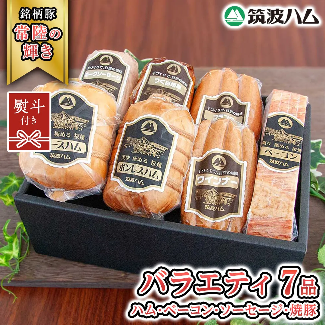 [贈答用(熨斗対応可)] 筑波ハム バラエティ ブロック 7品 ( ハム ベーコン ソーセージ 焼豚 ) 『常陸の輝き』 茨城県産 ブランド豚 銘柄豚 ( 茨城県共通返礼品 ) ロースハム ボンレスハム フランク ウィンナー 豚 ポーク ステーキ 肉 お肉 [EN008sa]