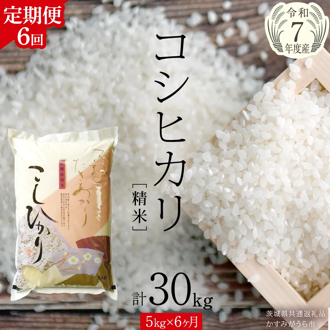 【 6ヶ月 定期便 】【 令和7年産 】 コシヒカリ 精米 5kg × 6回 ( 合計 30kg )（茨城県共通返礼品かすみがうら市）新米 米 ごはん もっちり 甘い コメ お米 白米 銘柄米 [EX018sa]