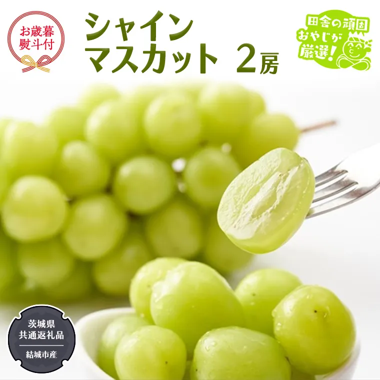 【お歳暮 熨斗付】 シャインマスカット 2房 【2025年12月より発送開始】 （茨城県共通返礼品 [ぶどう]：結城市産） 田舎の頑固おやじが厳選！ マスカット 種なし 大粒 高糖度 御歳暮 ギフト ぶどう 巨峰 フルーツ 甘い [BI270-NT]