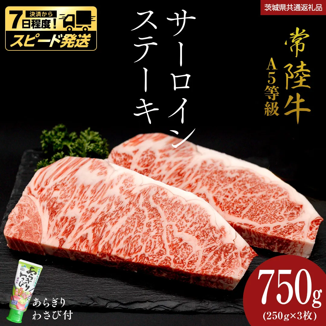 ＼ スピード発送／【 常陸牛 】 A5 等級 サーロインステーキ 750g (250g×3枚) あらぎり わさび 付 （茨城県 共通返礼品：守谷市） ひたちぎゅう ブランド牛 ステーキ サーロイン 国産牛 黒毛和牛 和牛 国産黒毛和牛 お肉 A5ランク 山葵 ワサビ [BX94-NT]