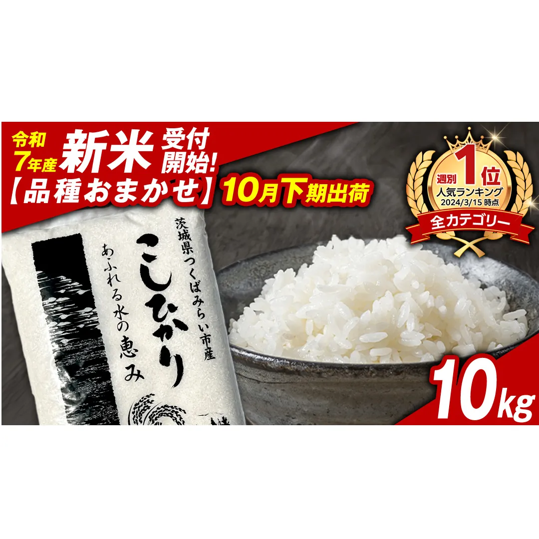 ＼ 新米先行予約 ／【10月下期出荷】品種おまかせ 10kg 茨城県つくばみらい市産 精米 こしひかり コシヒカリ あきたこまち ひとめぼれ ふくまる ゆめひたち ミルキークイーン にじのきらめき 米 コメ こめ 単一米 限定 茨城県産 国産 美味しい お米 おこめ おコメ [CL148-NT]