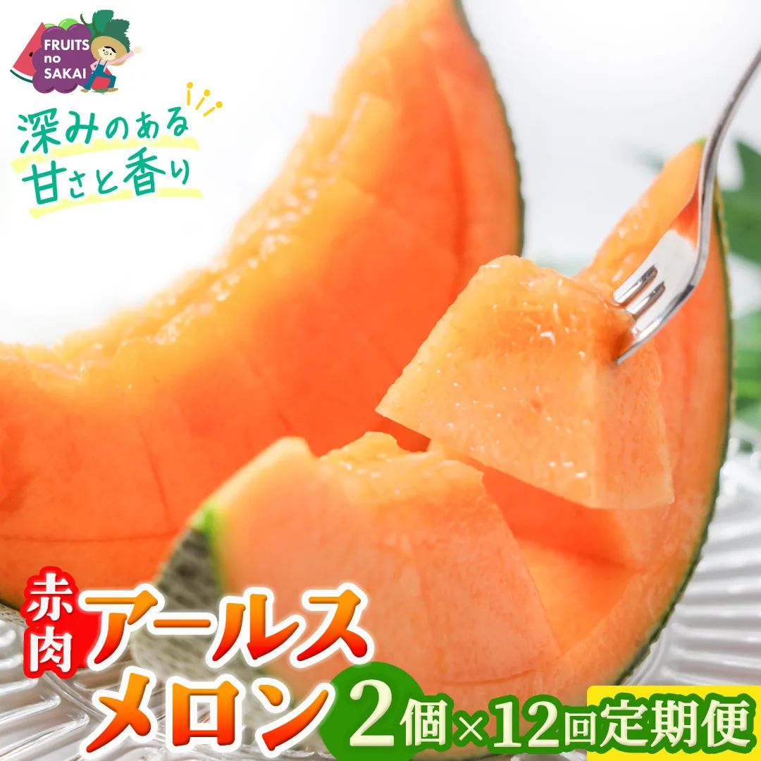 【定期便】 赤肉アールスメロン 2玉 × 12か月連続 アールスメロン 赤肉 高糖度 甘い フルーツ 誕生日 プレゼント ギフト 贈り物 父の日 母の日 2個 [FC41-NT]