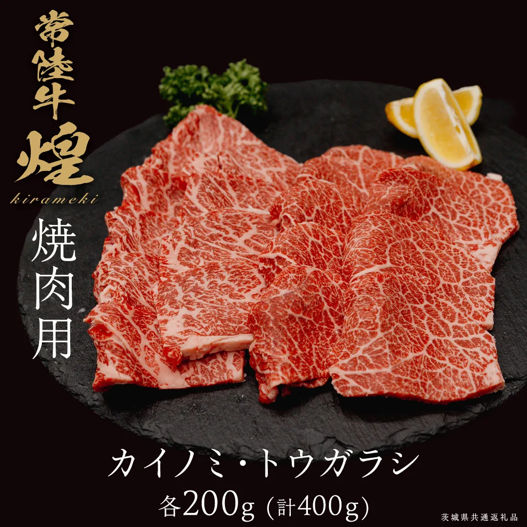 【 常陸牛 煌 】カイノミ・トウガラシ 焼肉用 各200g (計400g) (茨城県共通返礼品) ［化粧箱入り］ 希少部位 牛肉 ブランド牛 きらめき 和牛 黒毛和牛 国産黒毛和牛 国産牛 焼肉 贈答 ギフト 小ザシ お肉 肉 A5ランク