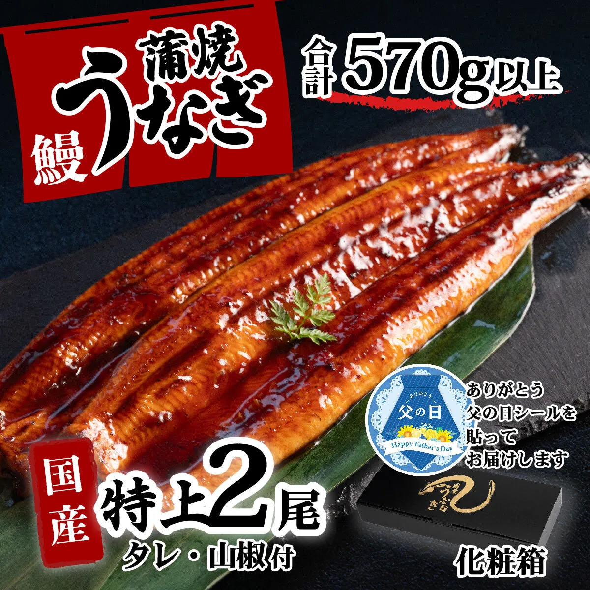 【父の日】【化粧箱】特上 国産うなぎ 蒲焼 2尾セット 【合計570g以上】 タレ・山椒付 ウナギ 鰻 うな重 ひつまぶし 人気 茨城 八千代町 ふるさと納税 冷凍 ギフト 化粧箱 父の日