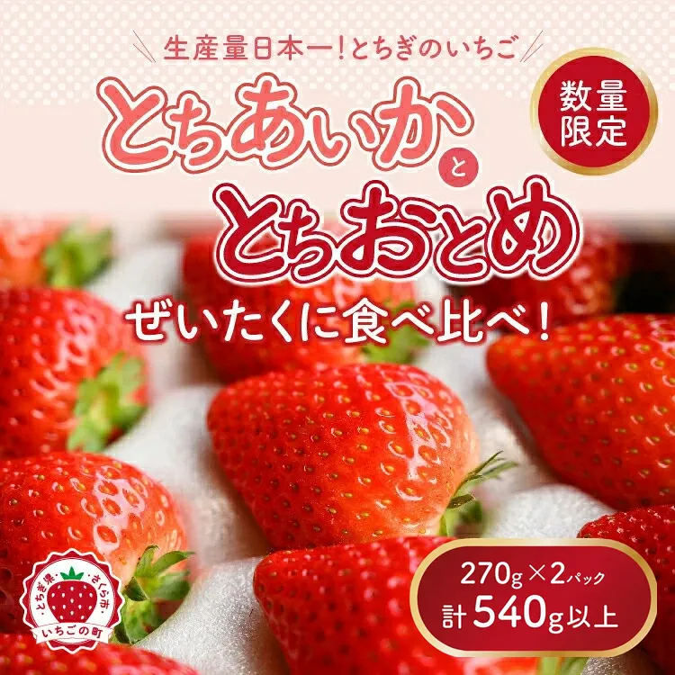 《数量限定》新旧2種食べ比べセット（とちおとめ、とちあいか） 270g×2パック（540g）｜いちご イチゴ 苺 先行予約 栃木県 果物 くだもの フルーツ とちおとめ とちあいか 新鮮 贈答 ギフト 食べ比べ ※2027年1月〜発送