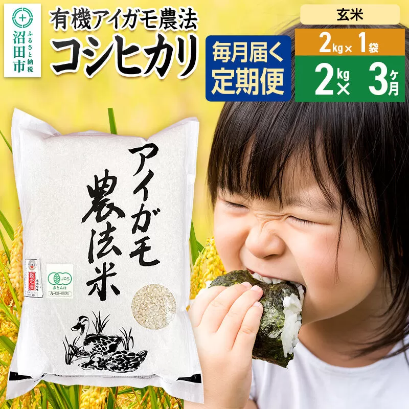 【玄米】《定期便3回》令和7年産 有機アイガモ農法コシヒカリ 2kg×1袋 金井農園 [こしひかり コシヒカリ 玄米 お米 毎月 定期 3か月 3ヵ月 3カ月 3ケ月] 群馬県沼田市