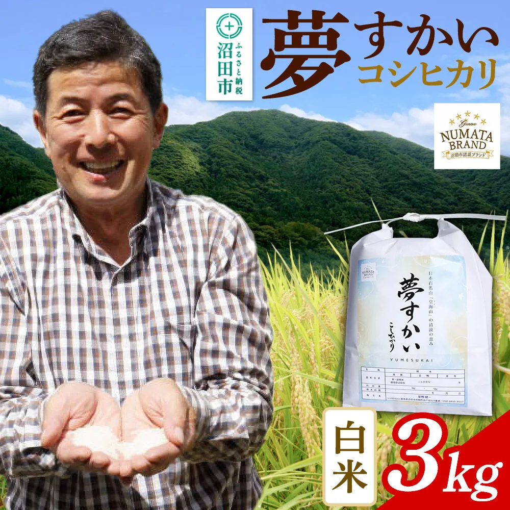[令和8年産 新米予約] 沼田市産コシヒカリ(夢すかい)白米 3kg [こしひかり コシヒカリ ゆめすかい ユメスカイ 夢すかい 白米 精米 お米 1回だけ 1回のみ 先行予約 新米 10月中旬以降発送] 群馬県沼田市