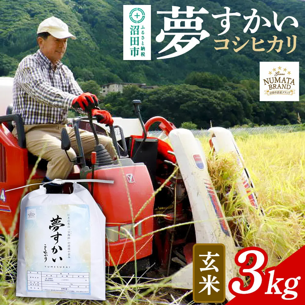 [令和8年産 新米予約] 沼田市産コシヒカリ(夢すかい)玄米 3kg [こしひかり コシヒカリ ゆめすかい ユメスカイ 夢すかい 玄米 お米 1回だけ 1回のみ 先行予約 新米 10月中旬以降発送] 群馬県沼田市