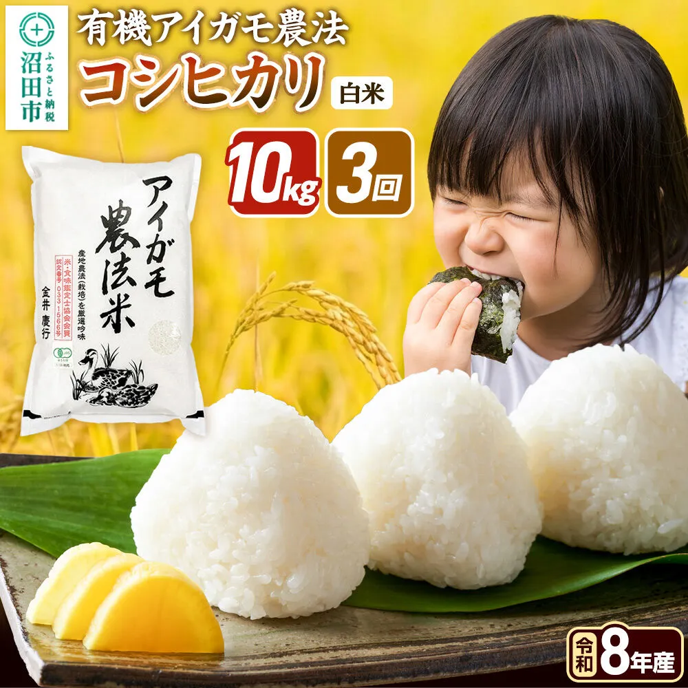 《令和8年産 新米予約》【白米】《定期便3回》有機アイガモ農法コシヒカリ 10kg（5kg×2袋） 金井農園 [先行予約 新米 こしひかり コシヒカリ 白米 精米 お米 毎月 定期 3か月 3ヵ月 3カ月 3ケ月] 群馬県沼田市