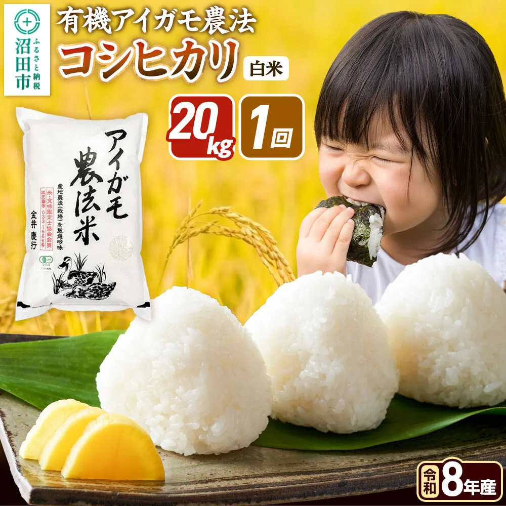 《令和8年産 新米予約》【白米】有機アイガモ農法コシヒカリ 20kg（5kg×4袋）金井農園 [先行予約 新米 こしひかり コシヒカリ 白米 精米 お米 1回だけ 1回のみ] 群馬県沼田市