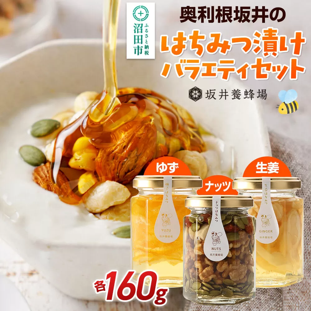 奥利根坂井のはちみつ漬けバラエティセット 柚子・生姜・ナッツ （各160g） 坂井養蜂場 [国産 ハチミツ 蜂蜜 アカシア あかしあ 詰め合わせ お試し 蜂蜜漬け 蜜漬け トッピング] 群馬県沼田市