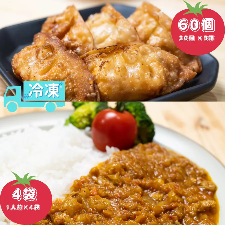揚げ 餃子 北本トマトカレー セット 餃子60個 +カレー4人前 | ギョウザ 冷凍餃子 ギョーザ 冷凍ギョウザ 冷凍ぎょうざ ぎょうざ ぎょーざ B級 ご当地 グルメ王 入賞 トマト トマトカレー カレー ご当地カレー 冷凍カレー 手軽 食べ比べ 大家族 美味しい おやつ おつまみ 国産野菜 お手軽 大容量 中華 簡単調理 惣菜 北本フーズ 埼玉県 北本市