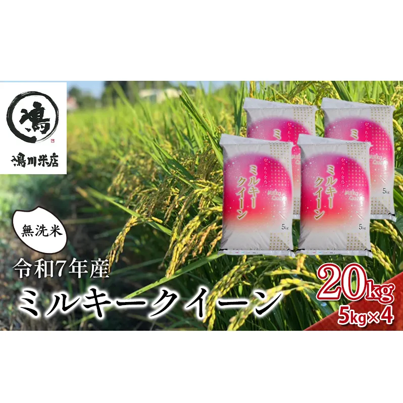 令和7年産 ミルキークイーン 無洗米 20kg（5kg×4）【お米 粘り もっちり おにぎり お弁当】 無洗米 ライス ご飯 ブランド米 銘柄米 注文後精米 モチモチ つやつや 産地直送 精米したて