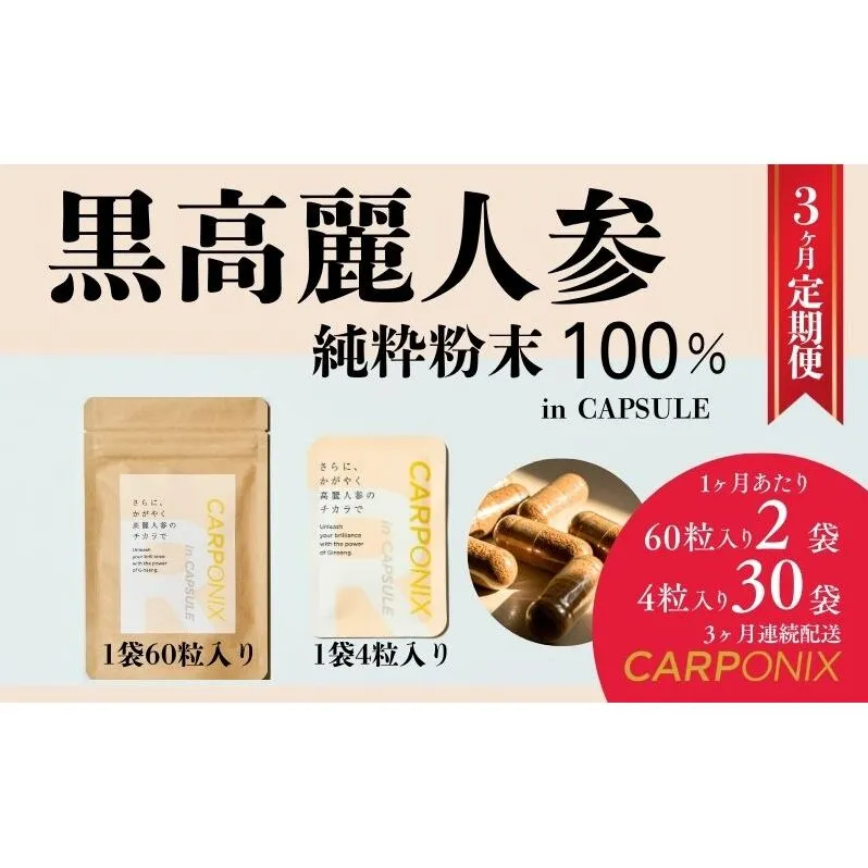 黒高麗人参「CARPONIX」　＜ご自宅用エコパック＞ 60粒入り×2袋　＜個包装＞ 4粒入り×30袋 【定期便 3ヶ月】 サプリメント サプリ 黒高麗人参 カプセル ジンセノサイド 千葉市