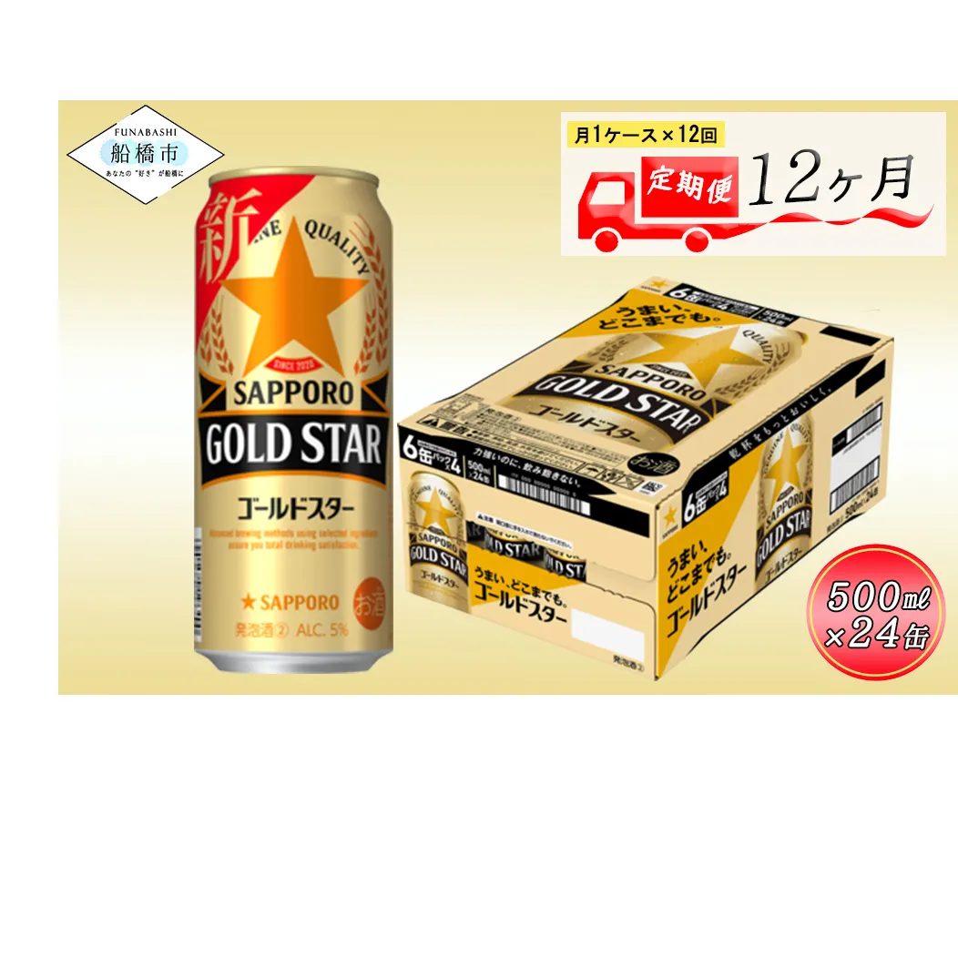 【12か月定期便】サッポロ GOLD STAR・500ml×1ケース（24缶）　12か月　1ケース 24本 24缶 定期便　定番　月１回発送