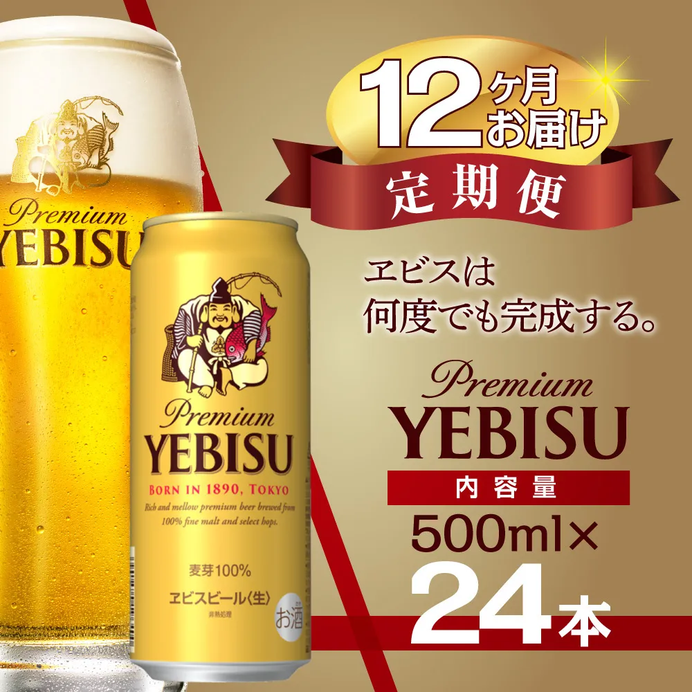 【12か月定期便】サッポロ ビール エビス ヱビス 500ml×24本 千葉県 船橋市 缶ビール お酒 12か月定期便