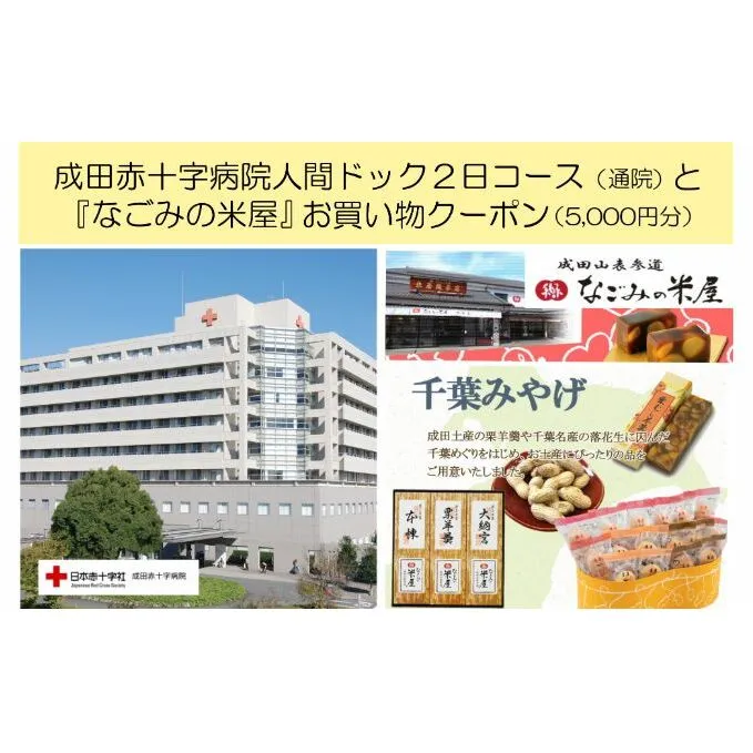 成田赤十字病院人間ドック2日コース（通院）と『なごみの米屋』お買物クーポン（5,000円分） 体験 チケット 血圧 聴力 心電図 胸部 X線 胃部 超音波 糖負荷 PSA 血清鉄 尿検査 便潜血 健診 全身 本人 家族 