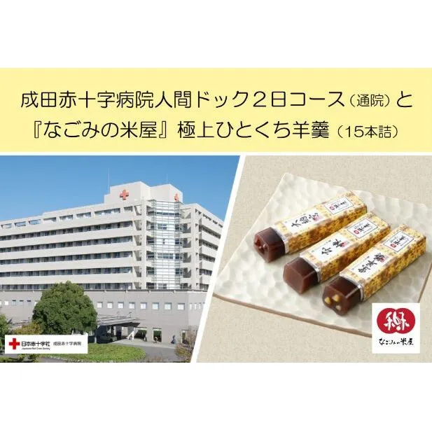 成田赤十字病院人間ドック2日コース（通院）と『なごみの米屋』極上ひとくち羊羹（15本詰） 体験 チケット 血圧 聴力 心電図 胸部 X線 胃部 超音波 糖負荷 PSA 血清鉄 尿検査 便潜血 健診 全身 本人 家族 