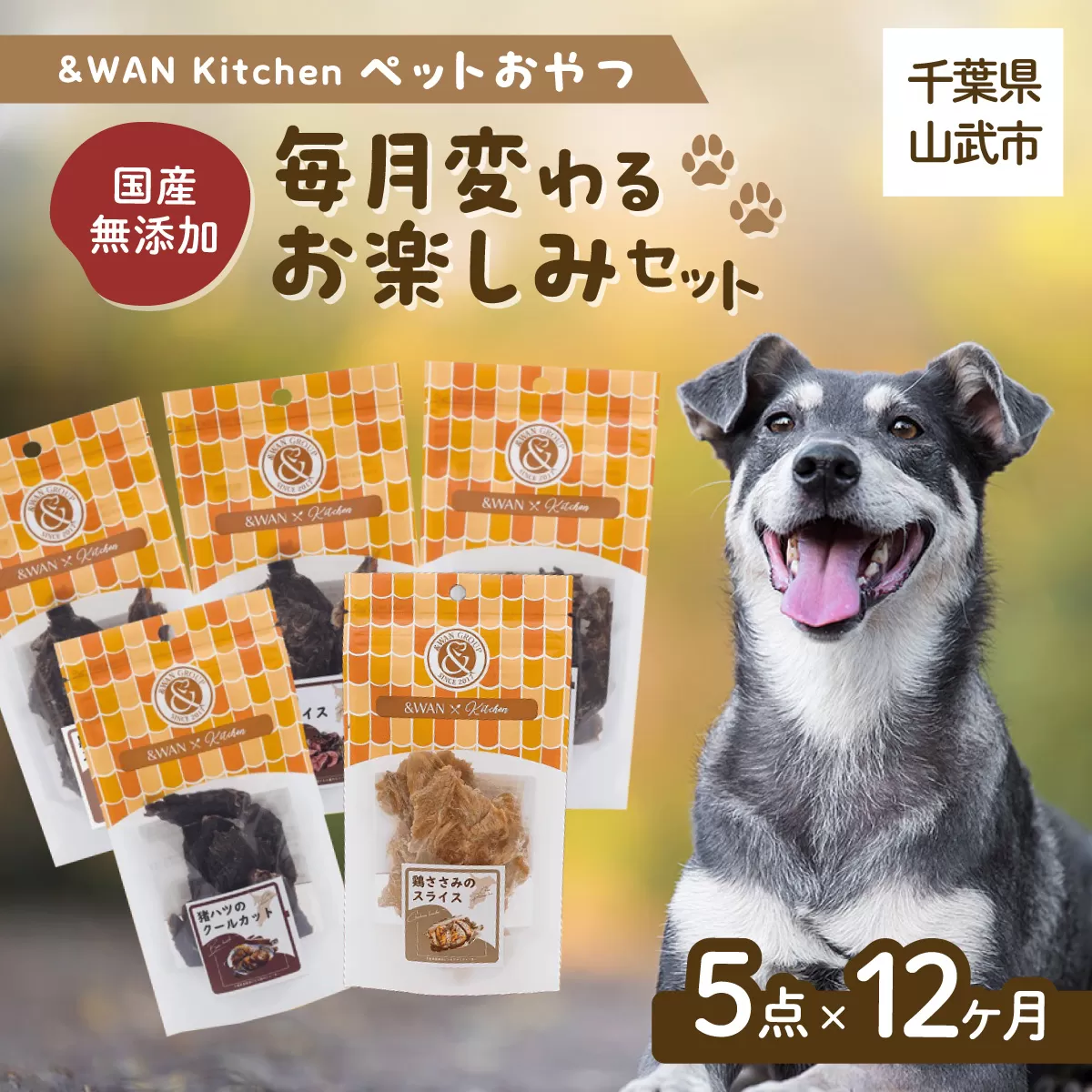 【毎月届く】&WAN Kitchenペットおやつセット（千葉ジビエ猪肉のスライス5個セット） SMU036